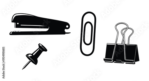 Office supplies including stapler thumbtack paperclip and binder clips, Generative AI