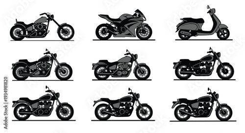Collection of various motorcycles and scooters in black silhouette, Generative AI