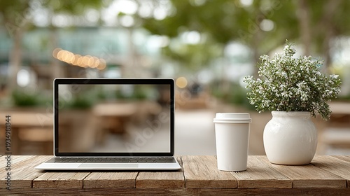 Laptop and takeout coffee cup on table for freelance work break
