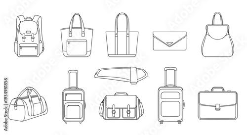 Collection of various travel bags and luggage items in line art style, Generative AI