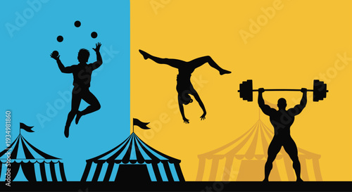 Silhouette of athletic people performing various sports and acrobatic actions against colorful background with circus tents, Generative AI