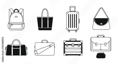 Collection of various travel bags and luggage icons in line art style, Generative AI