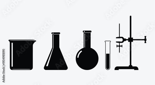 Black silhouettes of laboratory equipment on a including a beaker flask round bottom flask test tube and stand, Generative AI