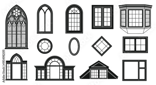 Collection of various window types and shapes in black outline, Generative AI