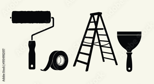 Black silhouette icons of painting tools and ladder for home renovation, Generative AI