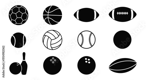 Collection of various sports balls icons in black and white, Generative AI