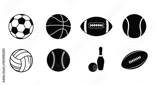 Collection of various sports balls icons in black and white, Generative AI
