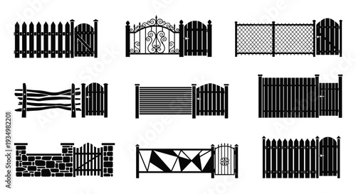 Collection of various fence and gate designs in different styles and patterns, Generative AI