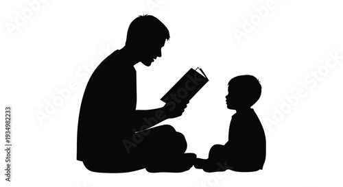 Loving father shares a captivating story from a book with his attentive young child, creating a special moment of bonding and learning.