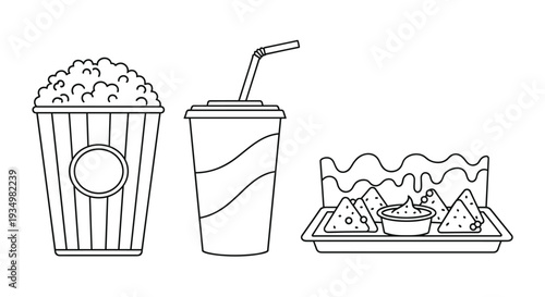 A black and white line drawing of popcorn bucket soda cup and nachos on a tray, Generative AI