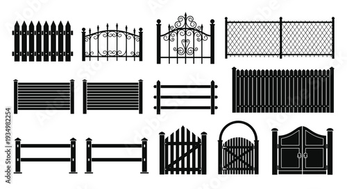 Collection of various fence and gate designs in black silhouette, Generative AI