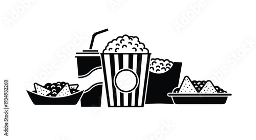 Black and white illustration of various cinema snacks including popcorn bucket soda cup and nachos, Generative AI