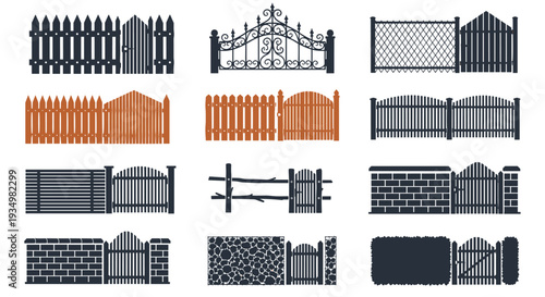 Collection of various fence designs and gates in different styles and materials, Generative AI