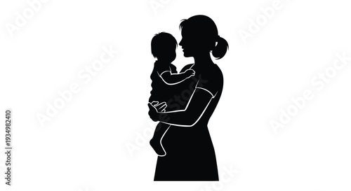 This black silhouette illustration shows a loving mother gently cradling her precious infant, symbolizing the strong bond of motherhood and family.