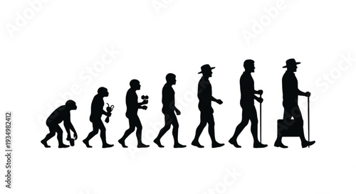 Evolution of human from ape to traveler with luggage in silhouette walking