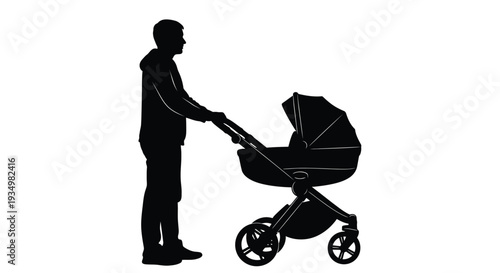 Silhouette of a man pushing a baby carriage or pram demonstrating parental care and outdoor activity