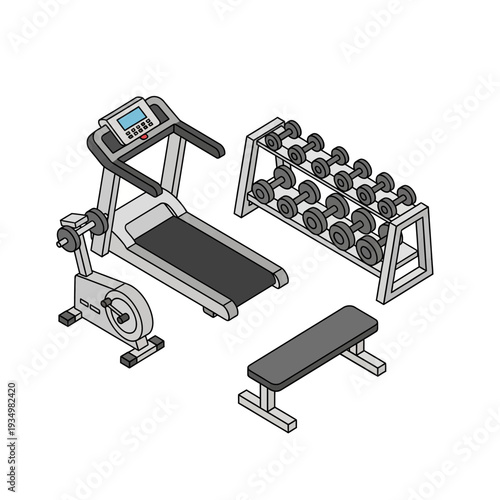 Illustration of home gym equipment including treadmill and dumbbells.