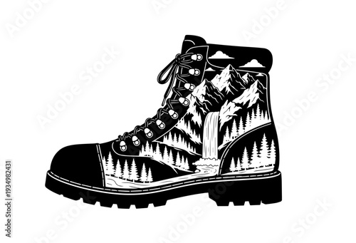 A stark black-and-white vector illustration of a rugged hiking boot creatively encapsulates a serene wilderness scene, featuring majestic mountain peaks, a cascading waterfall, and dense pine forests