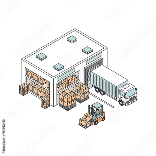 Warehouse with truck and forklift loading and unloading cardboard boxes.