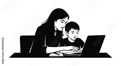 Mother and young child collaborating closely while using a laptop for learning or shared screen time activities together.
