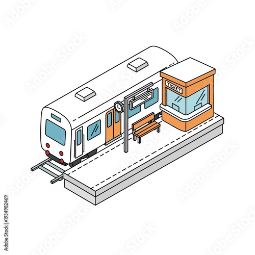Isometric illustration of a train at a modern station with ticket booth.