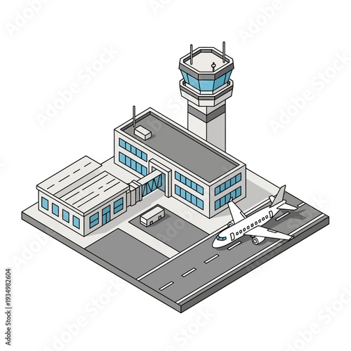 Isometric illustration of an airport terminal with control tower and airplane.