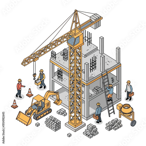 Construction site with crane and workers building a multi-story building.