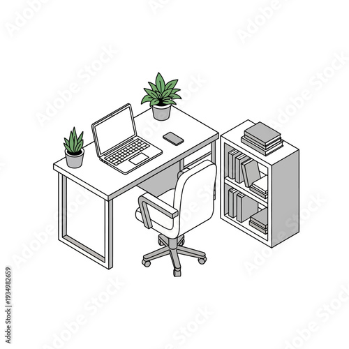 Modern office workspace with laptop and storage.