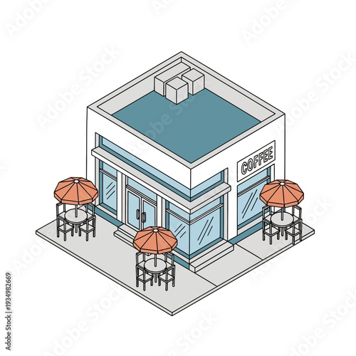 Isometric illustration of a modern coffee shop with outdoor seating.