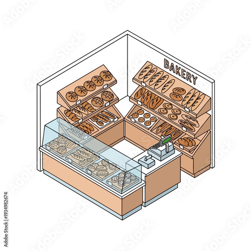 Bakery shop interior with pastries and bread on display.