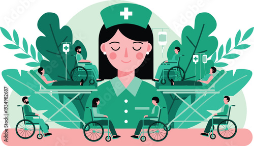 Healthcare Nurse with Patients in Wheelchairs Medical Rehabilitation Concept Illustration