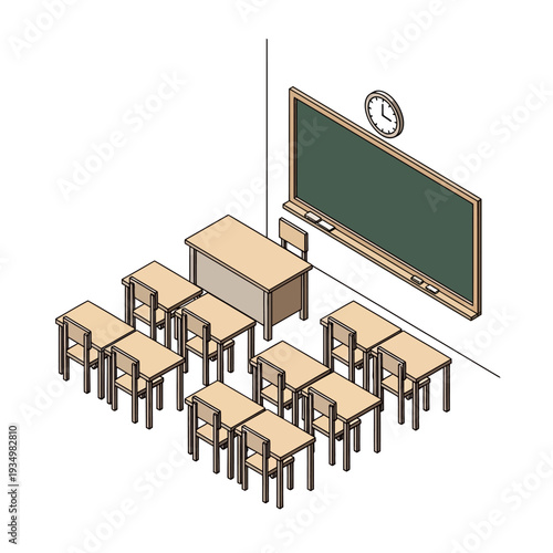 Classroom with desks and blackboard illustration.