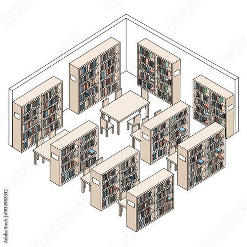 Data center server room with multiple racks and central table.