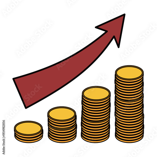 右肩上がりに成長するコインのグラフと赤い矢印