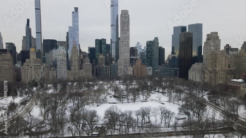 Aerial reversing over Central Park in snow