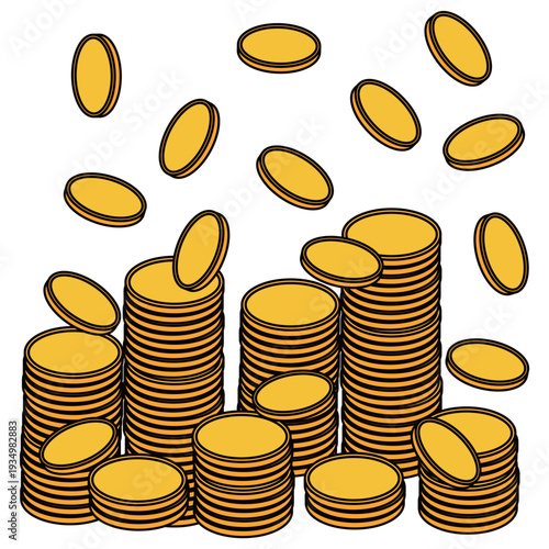 降り注ぐ大量の金貨と積み上げられたコインの山