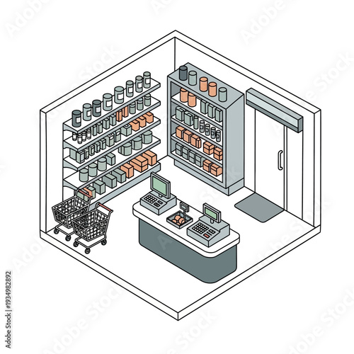 Isometric illustration of a modern office storage room with shelving units and computer workstation.