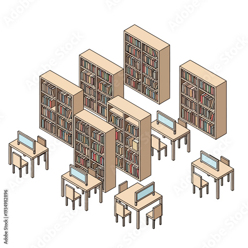 Isometric illustration of a modern library with bookshelves and computer workstations.