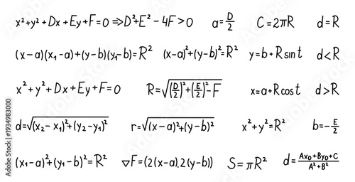 Geometry analytical circle set equations radius diameter center coordinate distance tangent secant parametric standard general discriminant condition vector area circumference