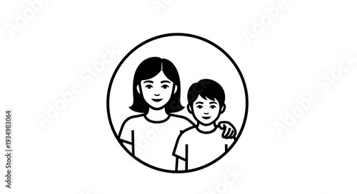 Simple Line Drawing of Mother and Son.