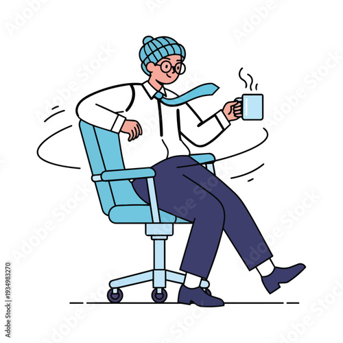 Man Relaxing on Office Chair with Coffee.