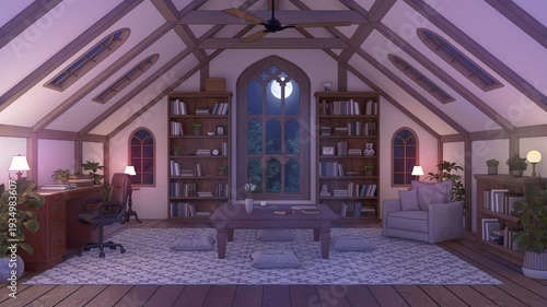 Cozy Moonlit Attic Room with Bookshelves and Study Desk, 4K Seamless Loop, Lo-fi Aesthetic Background
