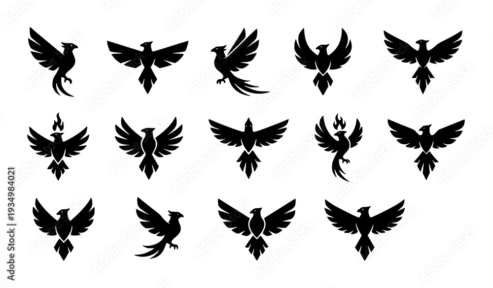 Fototapeta premium Modern Geometric Phoenix Bird Silhouette Set – Minimal Fire Logo Vector Collection