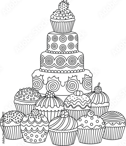 Cupcake Tower with Decorative Frosting Black and White Coloring Page Illustration