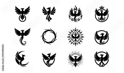Phoenix Bird Silhouette Logo Set – Stylized Firebird Emblem Collection Vector Isolated on White