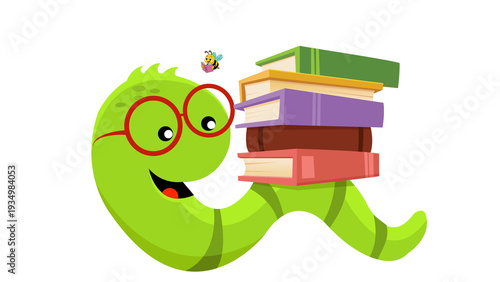 Photography Happy Worm with Stack of Books - Cute green worm smiling beside a stack of books, bookworm concept illustration for kids education
