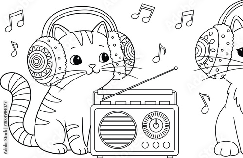 Cute Cat Listening to Music with Headphones and Radio Cartoon Coloring Page Illustration
