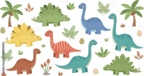 Cute Cartoon Dinosaur Collection with Stegosaurus and Brontosaurus in Prehistoric Jungle Nature Scene