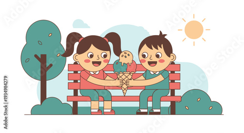 Children Sitting on Bench with Doll.