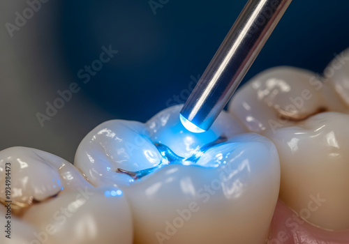 Close-up macro view of a dental curing light emitting blue light to harden composite filling material on a tooth, isolated on transparent background.